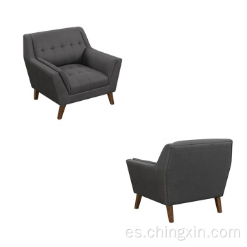 Sofá de ocio de tela gris de un asiento para sala de estar con patas de madera maciza